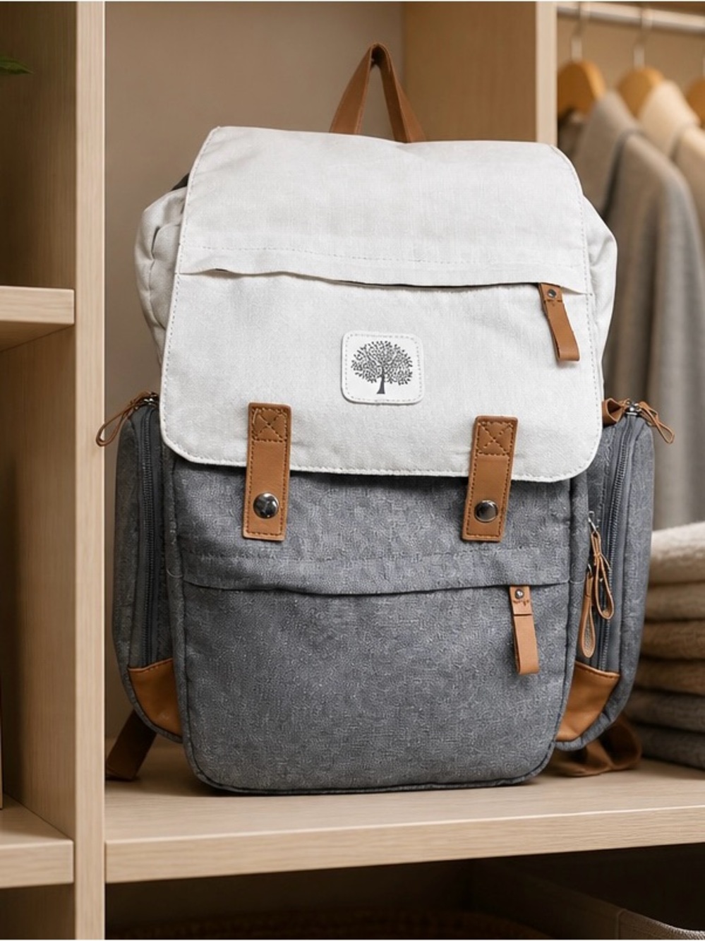 Parker Baby Co Birch Bag Diaper Backpack Neutral Cream and Gray Vegan Leather